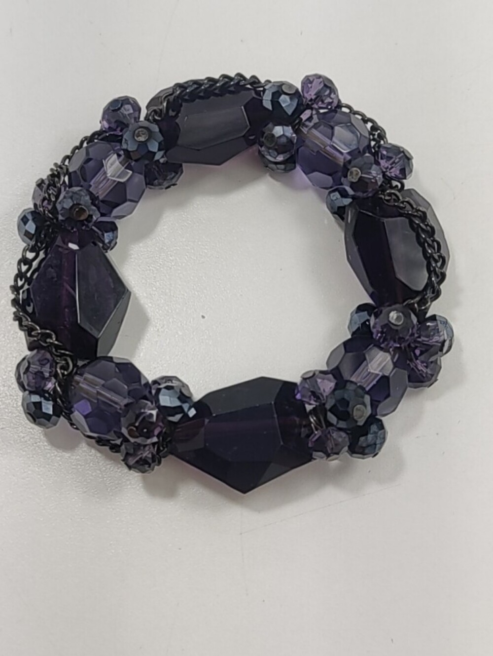 Purple Faceted Glass Beaded Stretch Bracelet Chunky Statement Chain Jewelry